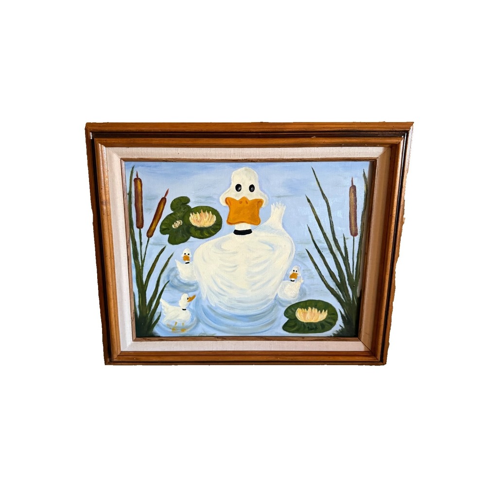 Vintage Duck Family Painting Framed Folk Art Cottage Farmhouse Wall Decor 20x23